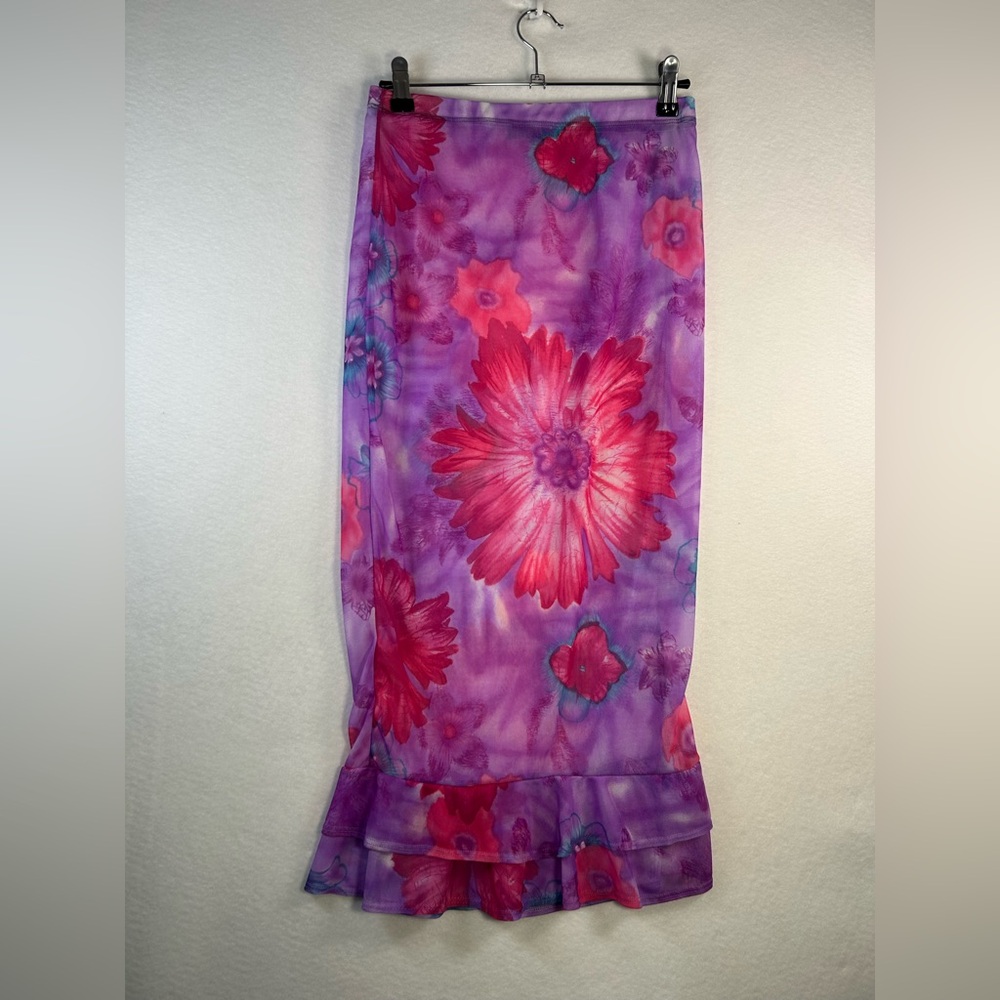 Y2K Floral Pink & Purple Sheer Maxi Skirt